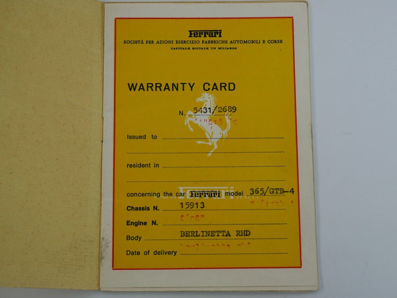 Ferrari 365 GTB/4 Daytona *15913* Warranty Card 