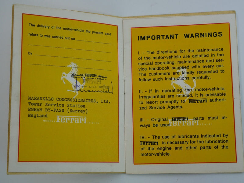 Ferrari 365 GTB/4 Daytona *15913* Warranty Card 