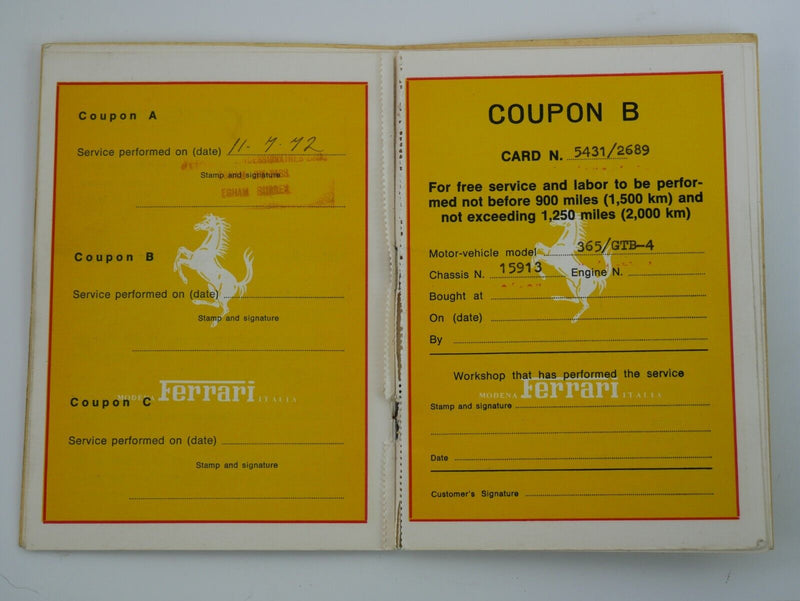 Ferrari 365 GTB/4 Daytona *15913* Warranty Card 