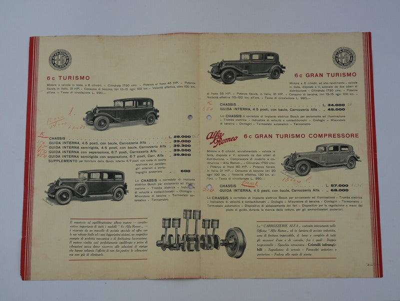 1932 Alfa Romeo Price List Brochure 6C 8C