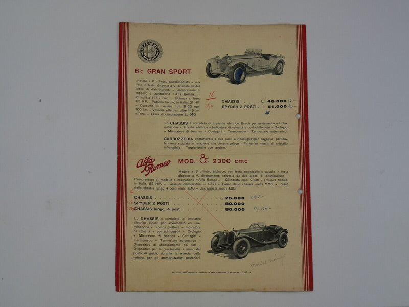 1932 Alfa Romeo Price List Brochure 6C 8C
