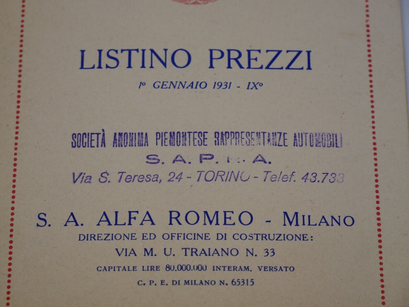 1931 Alfa Romeo Price List Brochure 6C 8C