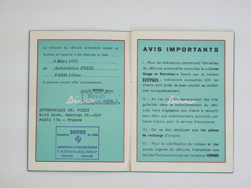 1972 Ferrari 246 GT Dino Warranty Booklet Manual *03270*