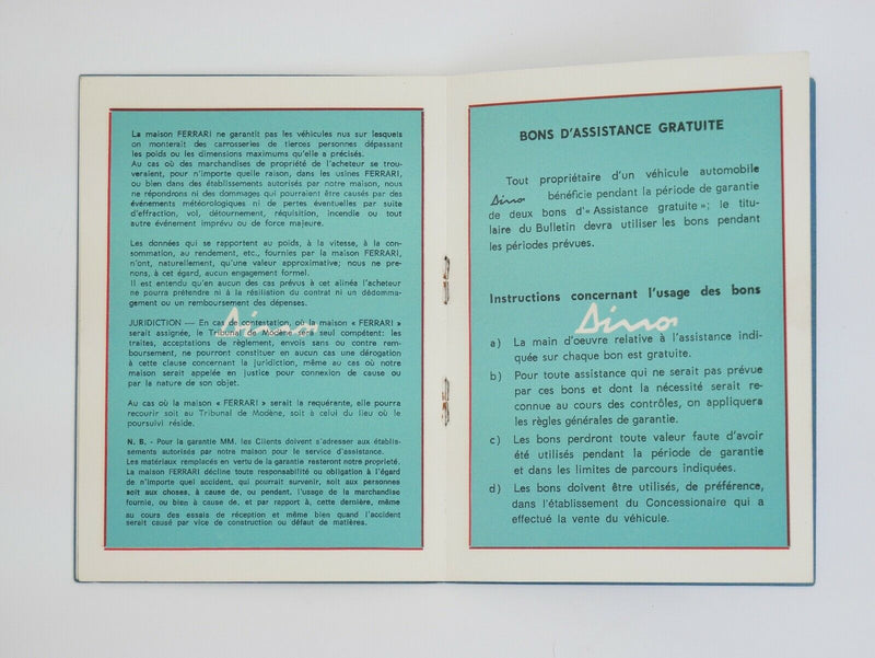 1972 Ferrari 246 GT Dino Warranty Booklet Manual *03270*