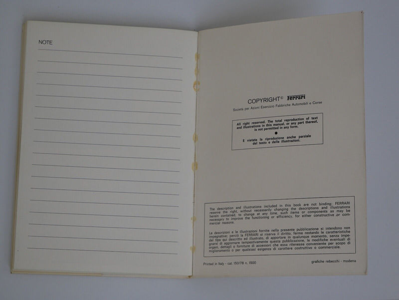 Ferrari 308 GTB GTS Owner's Manual North American Version