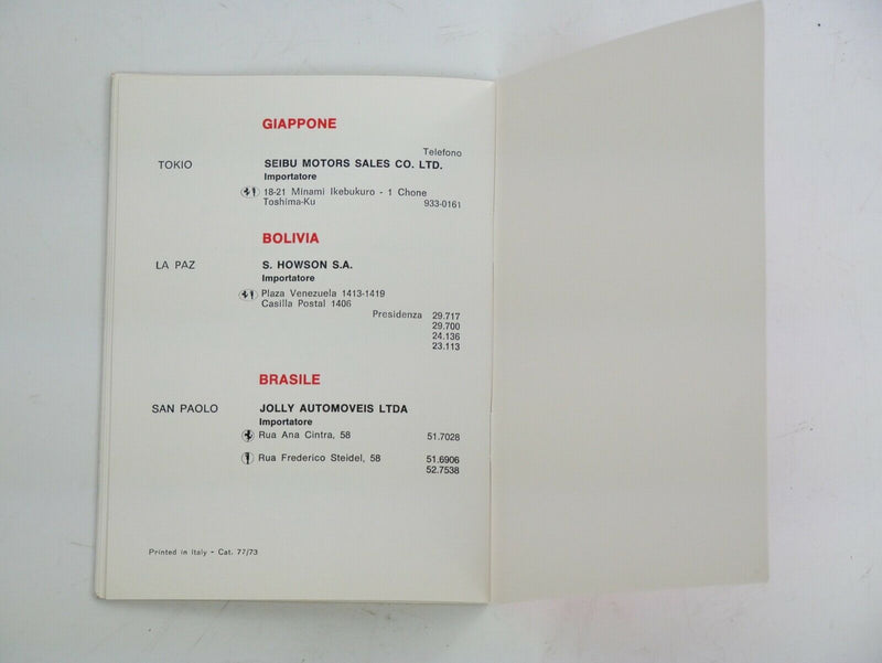 1973 Ferrari Dealer Directory Manual 365 Daytona 246 Dino