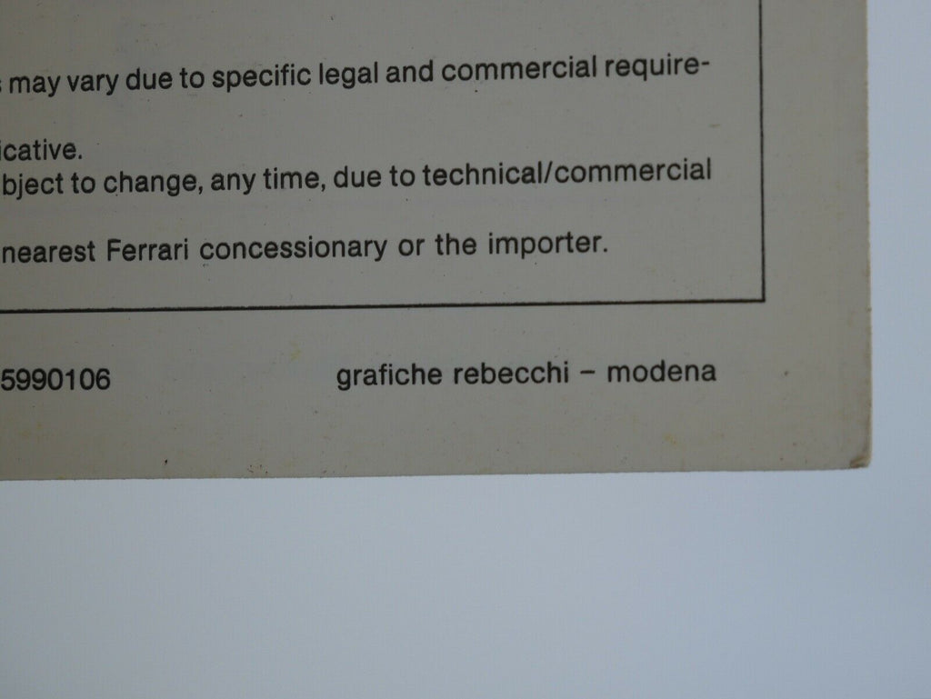 Ferrari Testarossa Owner's Handbook Manual