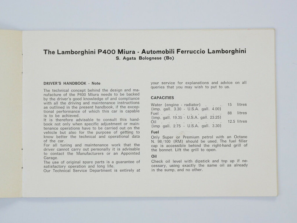 Lamborghini Miura P400 Owner's Manual 