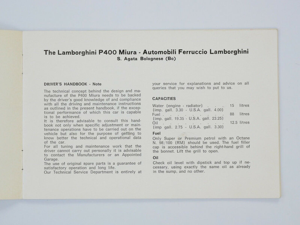 Lamborghini Miura P400 Owner's Manual 