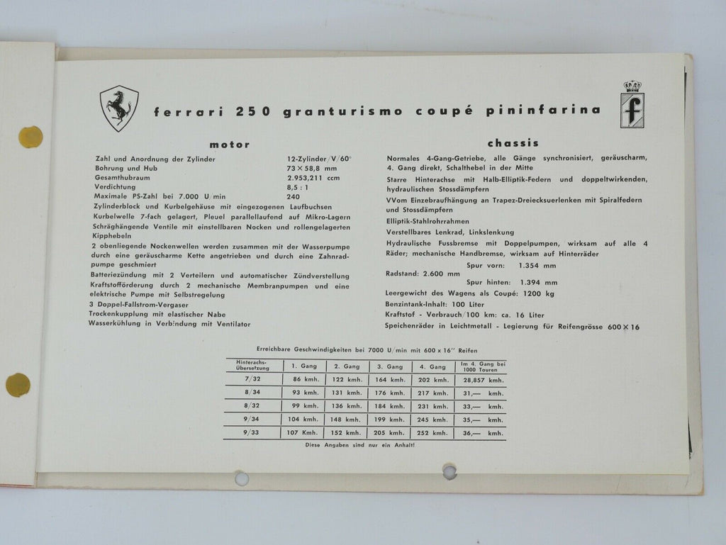 1958 Ferrari 250 GT Coupe Pininfarina Brochure GERMAN